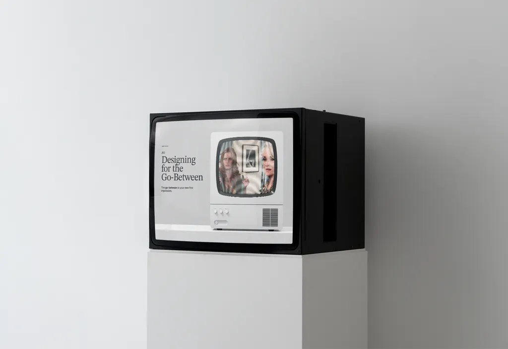 Editorial graphic with a vintage TV displaying a film scene. Text reads: Designing for the Go-Between, Issue 03.