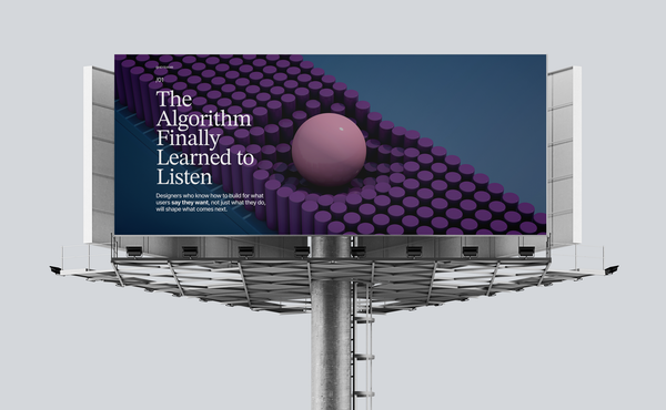 3D render of a pink sphere in a grid of purple cylinders on a teal background. Headline: "The Algorithm Finally Learned to Listen." Issue /01 by @heysukari.