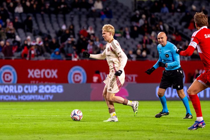 D.C. United's Matti Peltola dribbles the ball during an MLS match at Soldier Field on March 14, 2026.