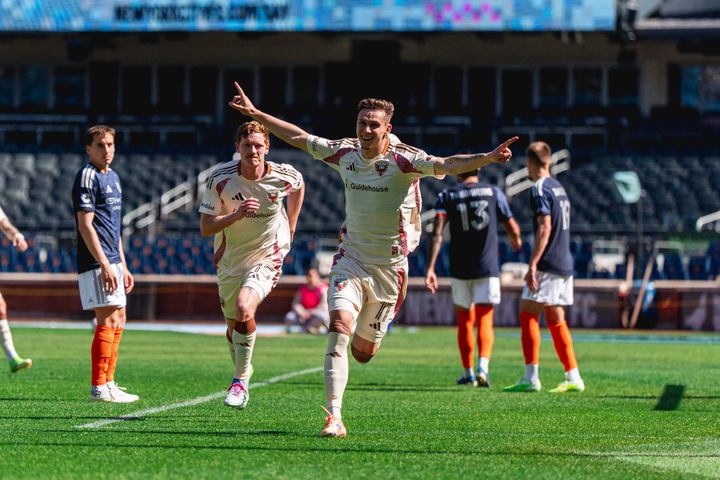 Louis Munteanu celebrates his first goal for D.C. United in their win at NYCFC.