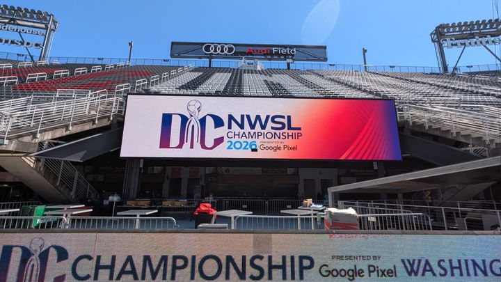The south stands at Audi Field, featuring multiple 2026 NWSL Championship logos on June 3, 2026.