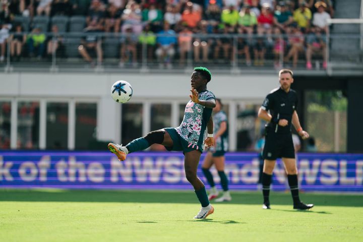 Deb Abiodun controls the ball during the Washington Spirit's game against the Orlando Pride at Audi Field.