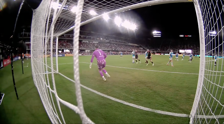 An inconclusive angle of Louis Munteanu's shot hitting the ground, probably over the line, as D.C. United hosted Charlotte FC.