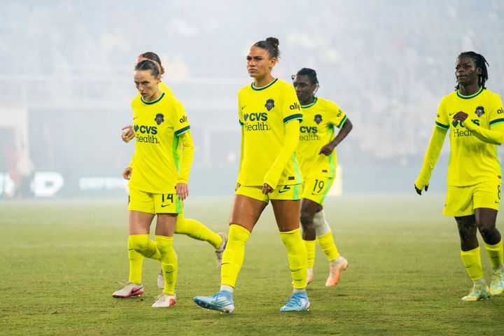 Gabby Carle, Trinity Rodman, Rosemonde Kouassi, and Monique Ngock during the Washington Spirit's home game against Angel City FC.