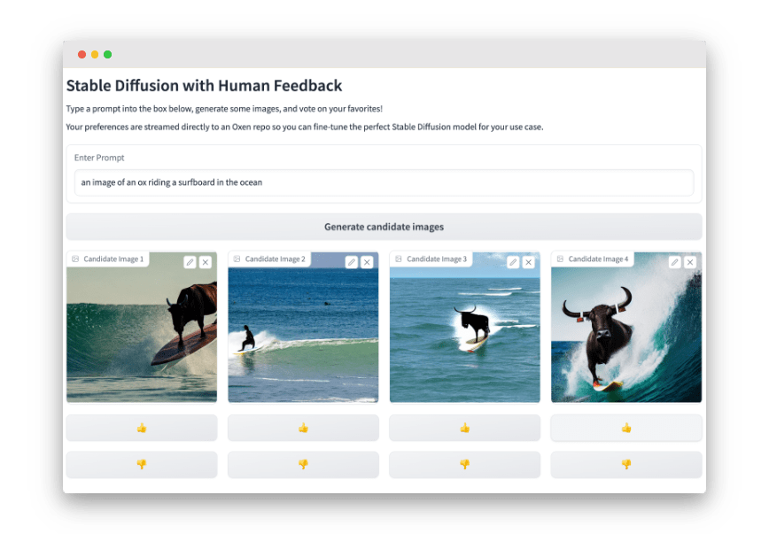 An image of an active learning interface built with gradio, generating 4 images with Stable Diffusion in response to a prompt