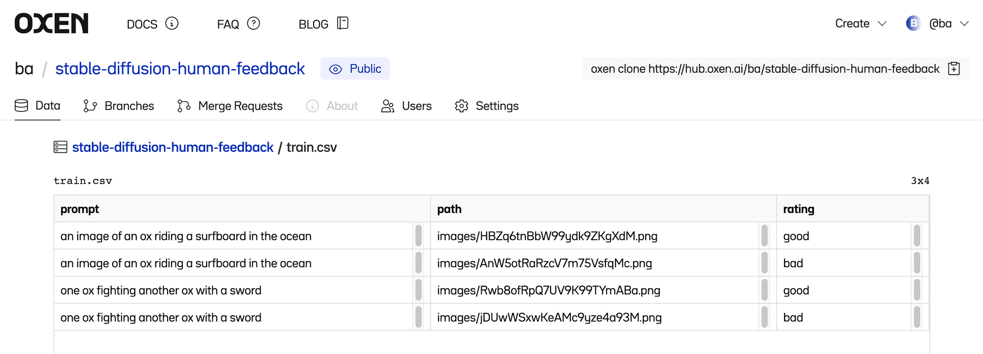The OxenHub Ui, showing successful streaming of the votes submitted through our Gradio UI