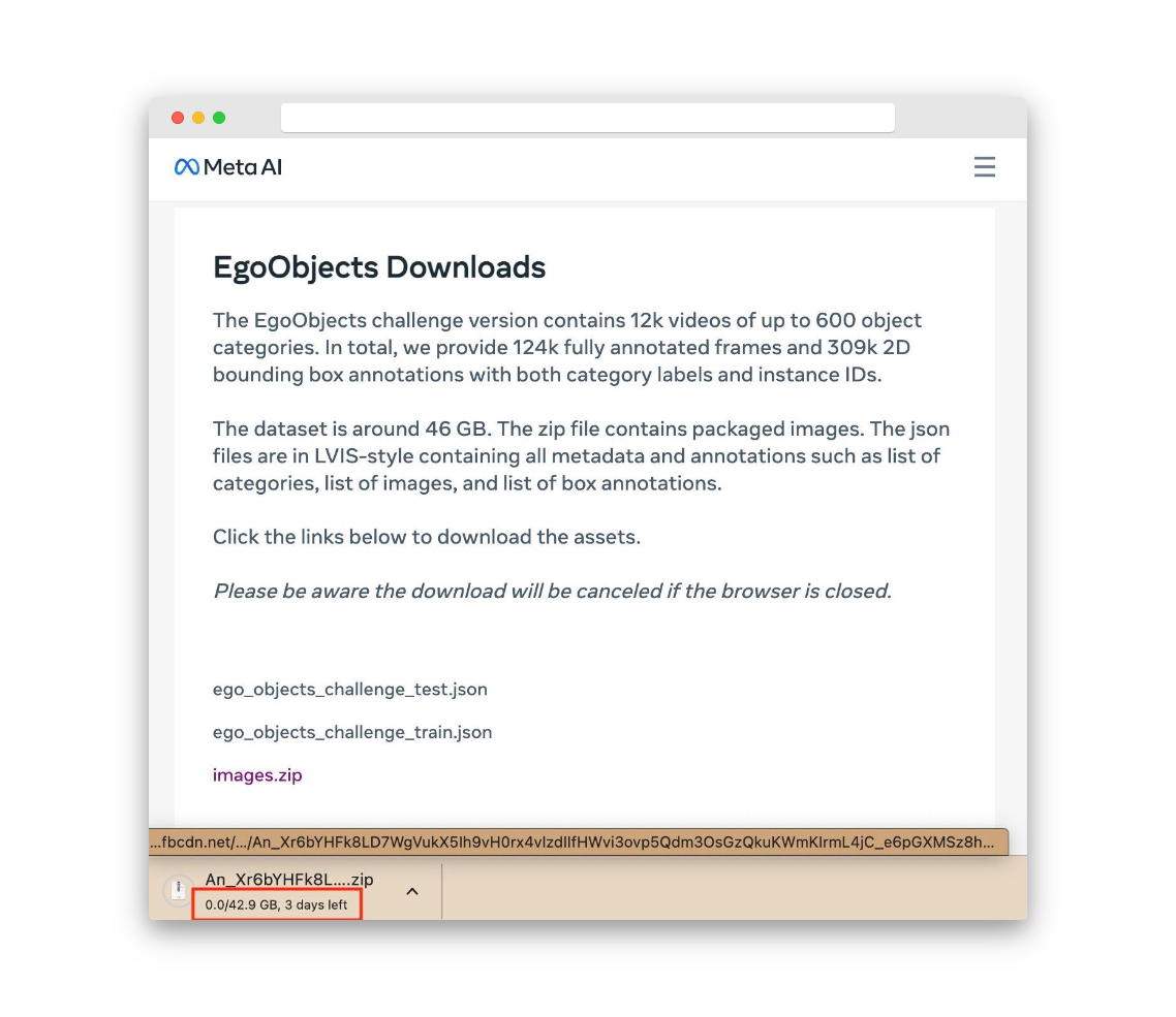 An in-progress download of the EgoObjects dataset in a browser, showing 43GB and 3 days remaining