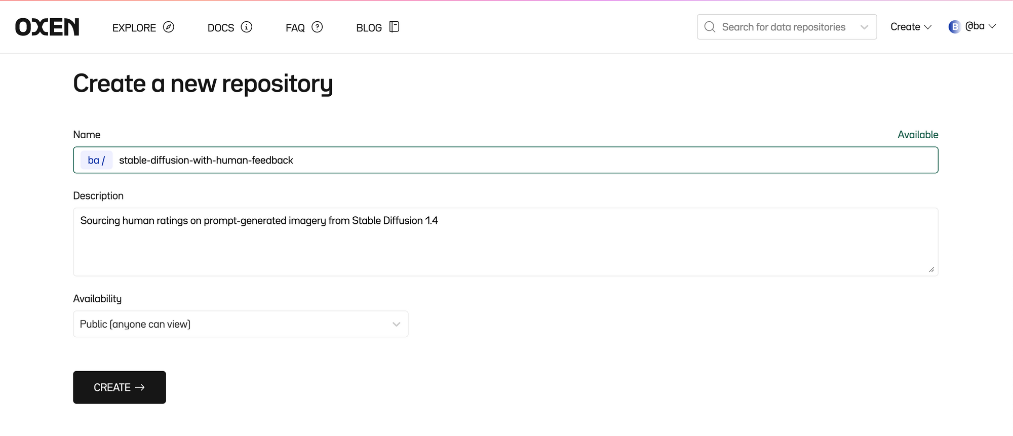 An image showing the creation of an OxenHub repo