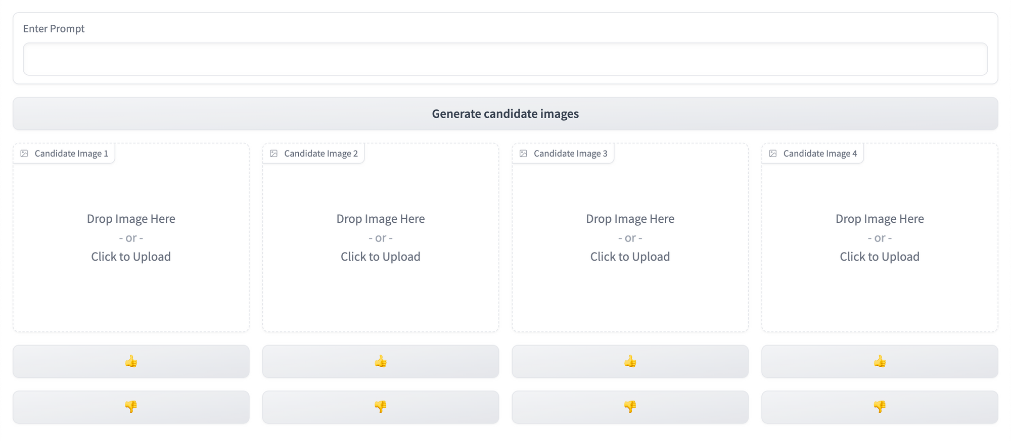 A Gradio UI with a text box, 4 empty blocks, and up/down vote options