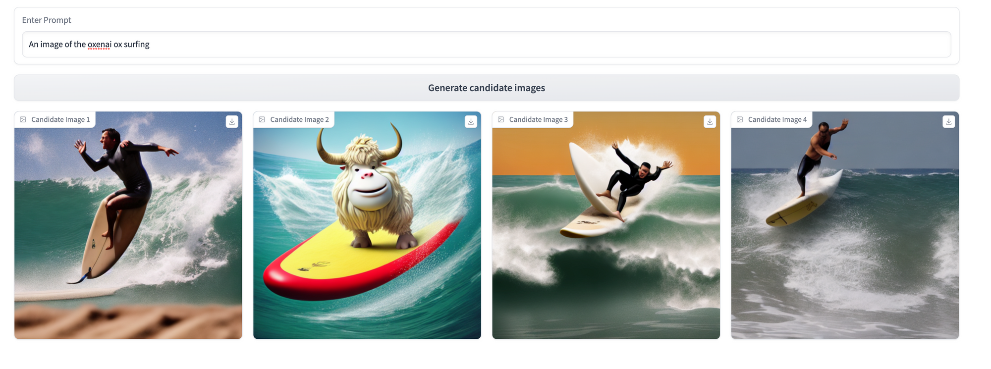 4 rendered images in response to the prompt "an image of the oxenai ox surfing", in which three are just humans and only one appears to be a cartoon ox