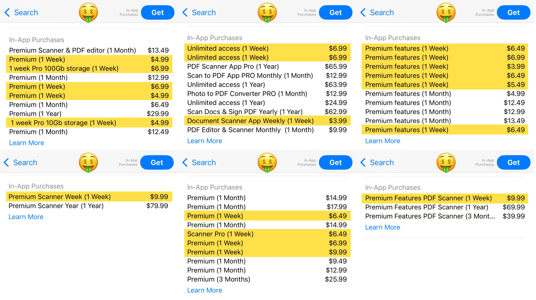 Subscription prices for scanner apps for iPhone