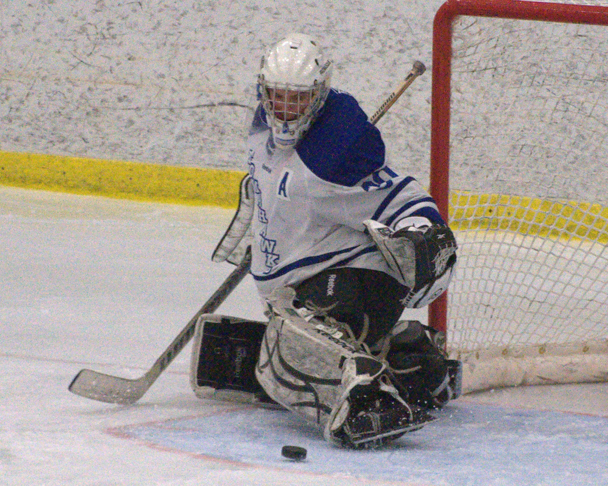 Merrimack's Bret Glendye makes one of his 38 saves.