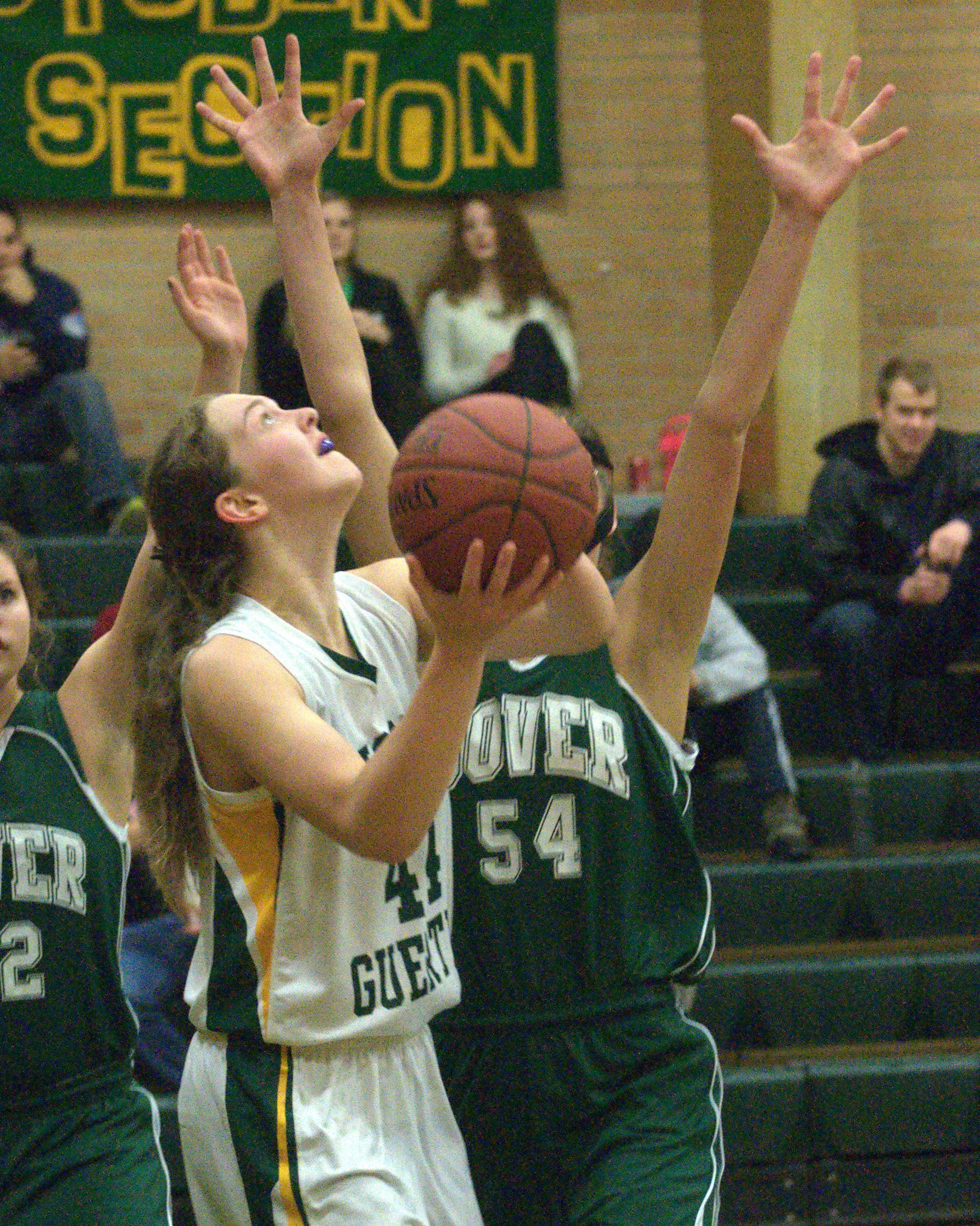 Bishop Guertin's Abby Field looks to put up a shot as Dover's Molly Wotton defends during Friday's game. For more photos, go to the Photo Album.