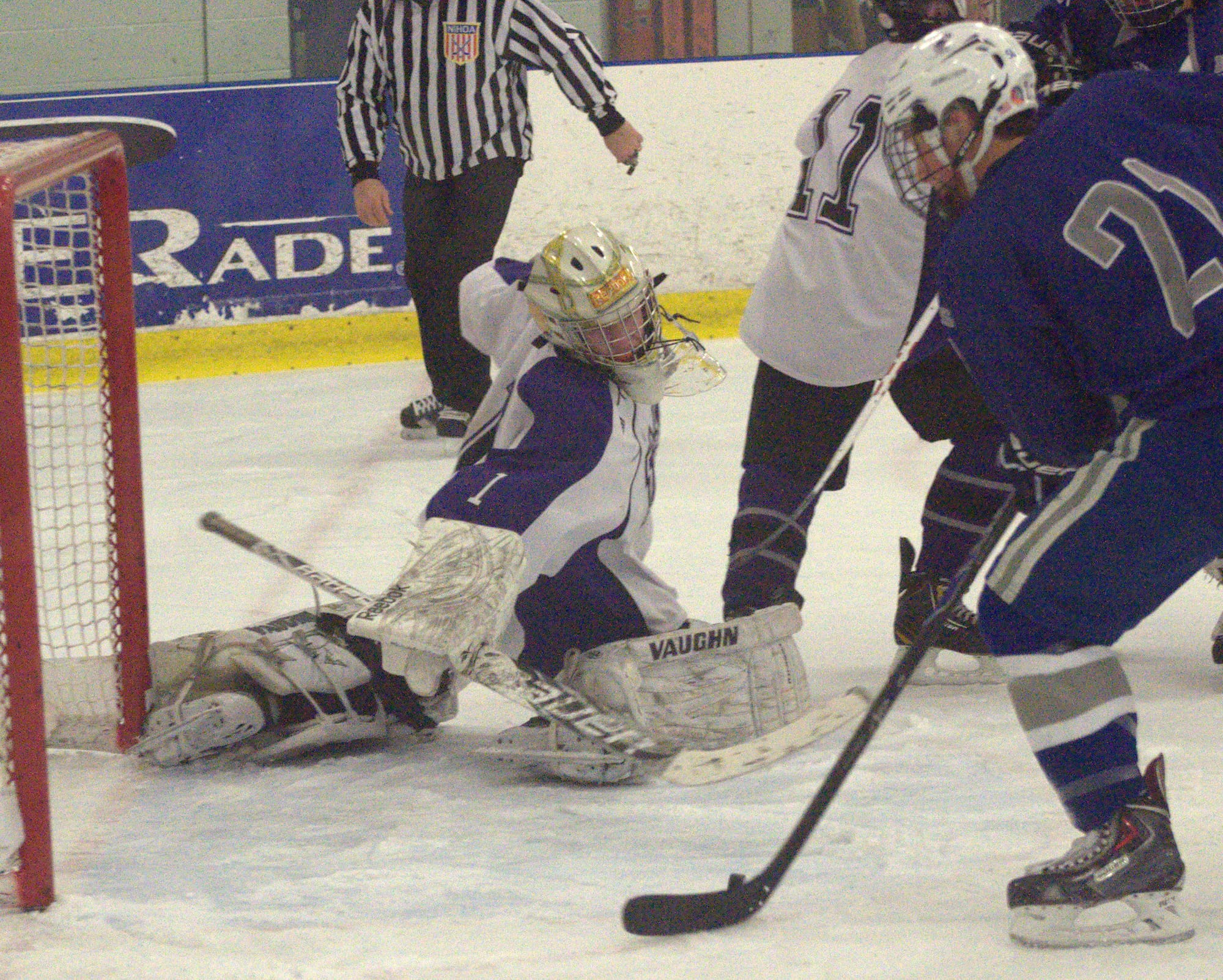Nashua South's A.J. Bender can't get back in time to stop a shot by Salem's Brian Frazier during Monday's game.