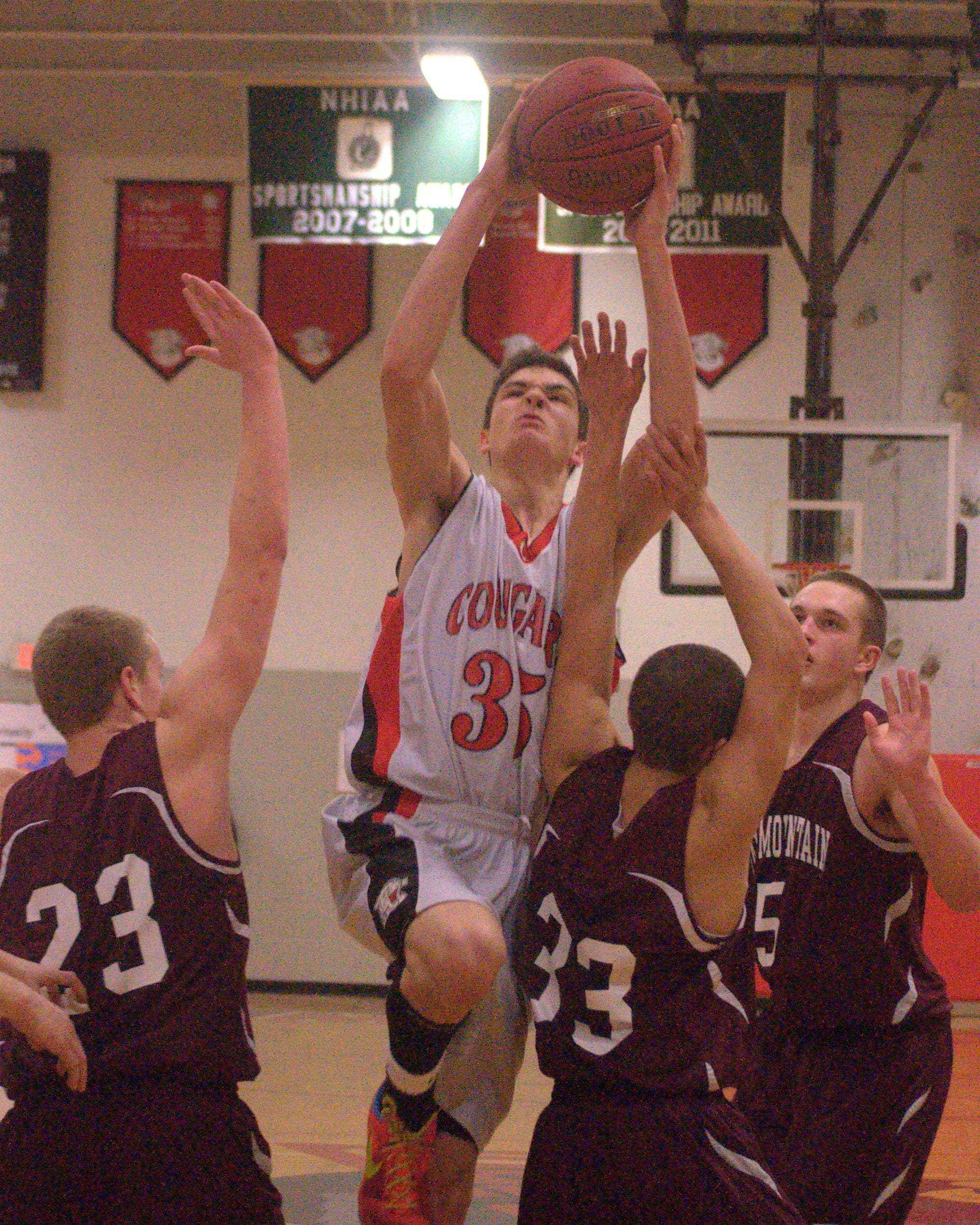 Campbell's Zach Bergeon drives the lane during Thursday's game against Fall Mountain.
