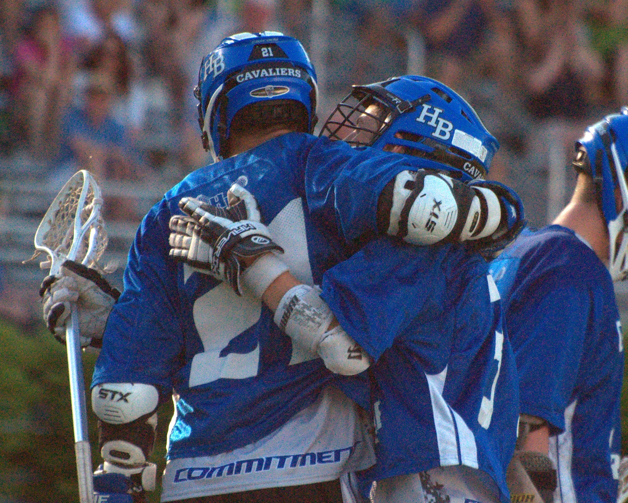 Hollis Brookline's Ryan Papineau, left, and Peter Traver celebrate after a goal during Saturday's Division III semifinal against Plymouth.