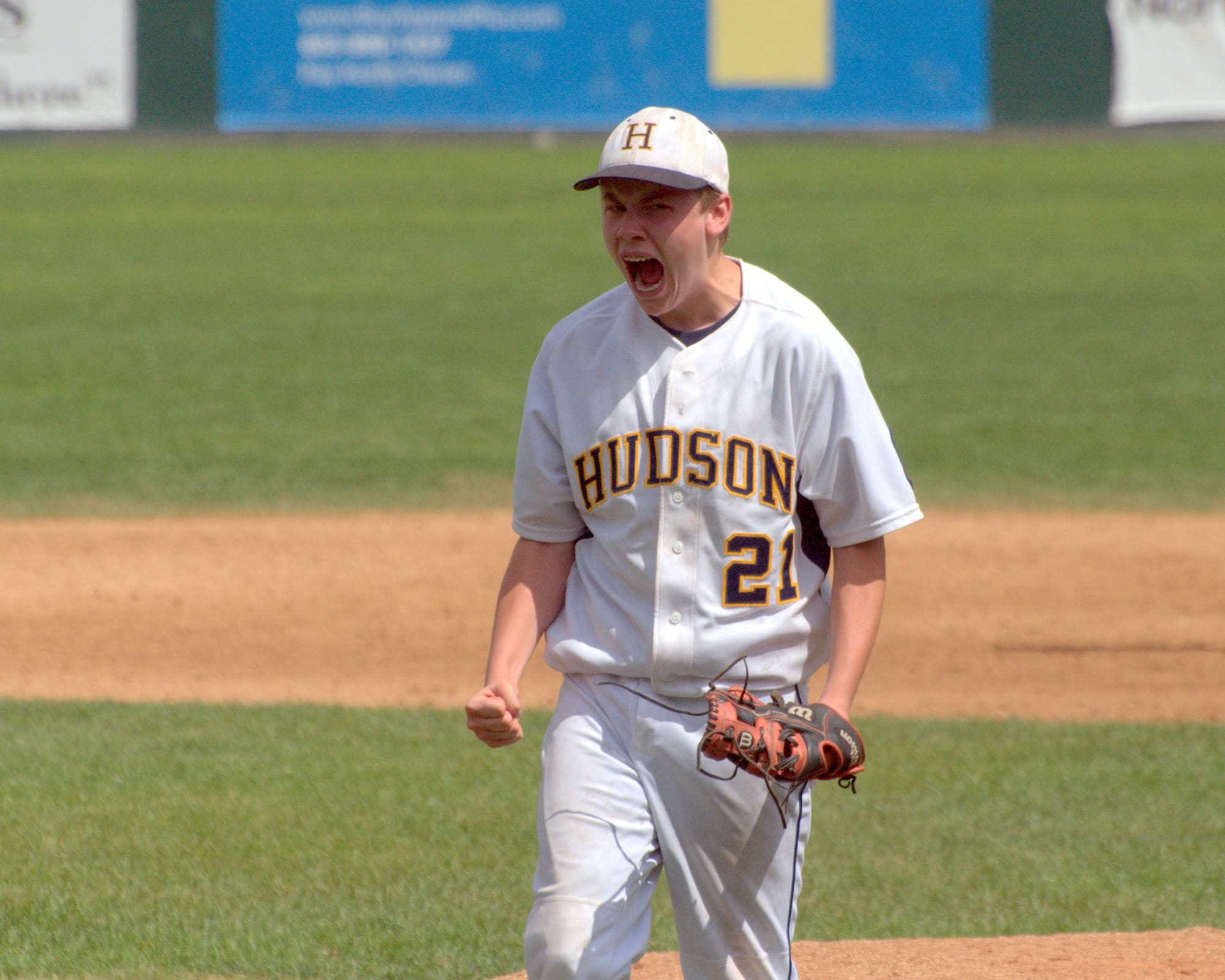 Hudson's Ryan Glendye celebrates after recording a strikeout to end Thursday's game against Sweeney.