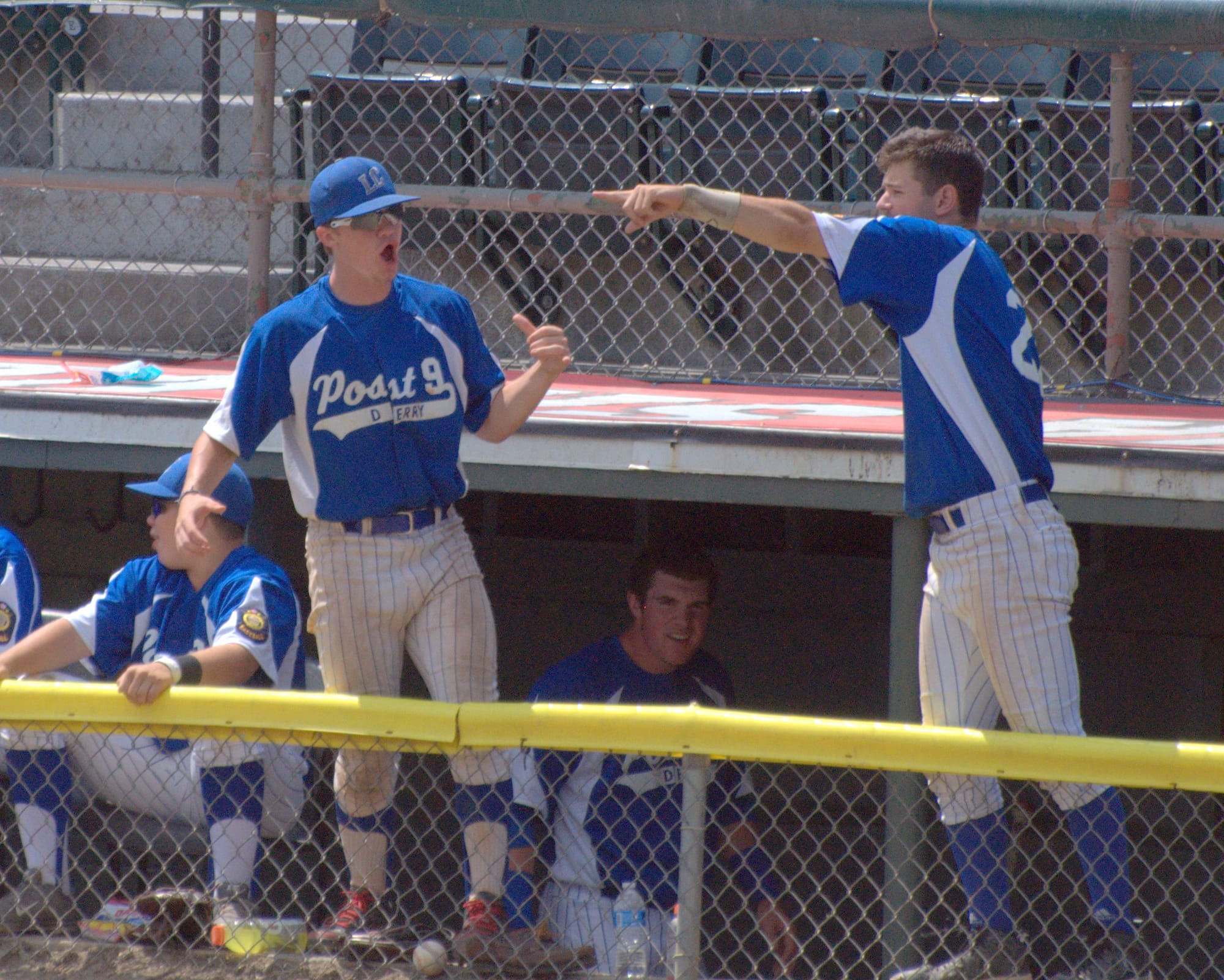Derry players celebrate after Post 9 took the lead in the seventh inning Tuesday against Sweeney.