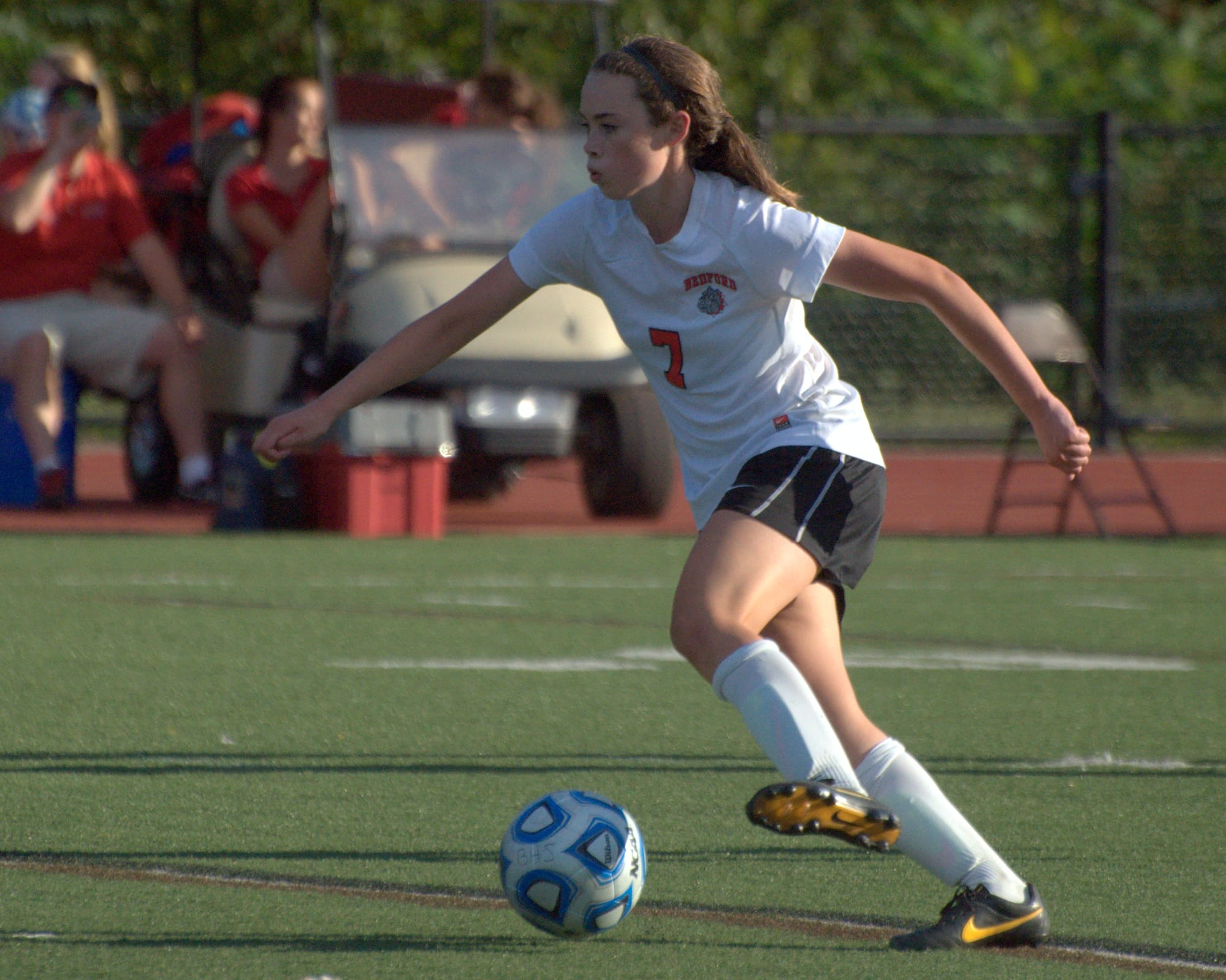 Bedford's Seana Gosselin moves the ball down field during Wednesday's game against Dover.