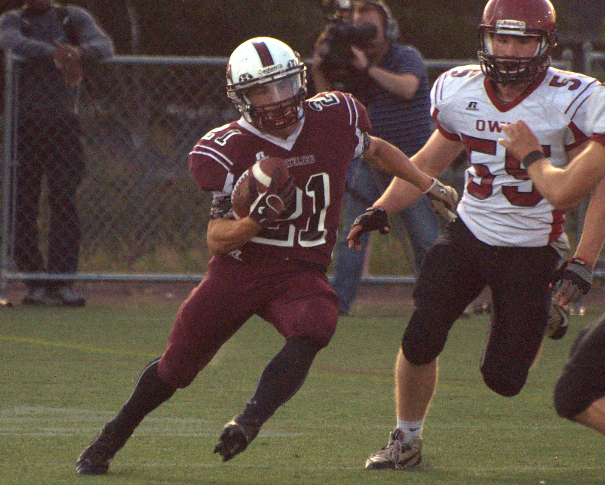 Goffstown's Connor Bourque dances through the Timberlane defense during Friday's scrimmage.