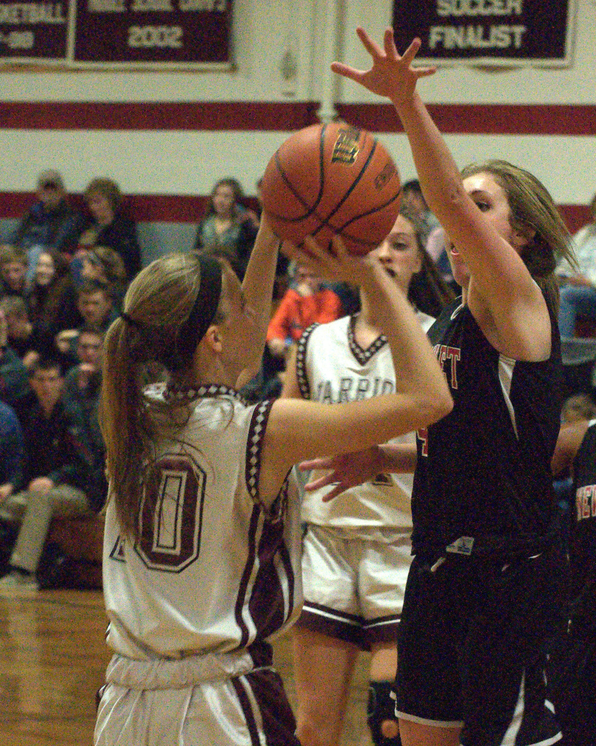 Newmarket's Alisa Cote tries to block a shot by Wilton-Lyndeborough's Sara Holka.