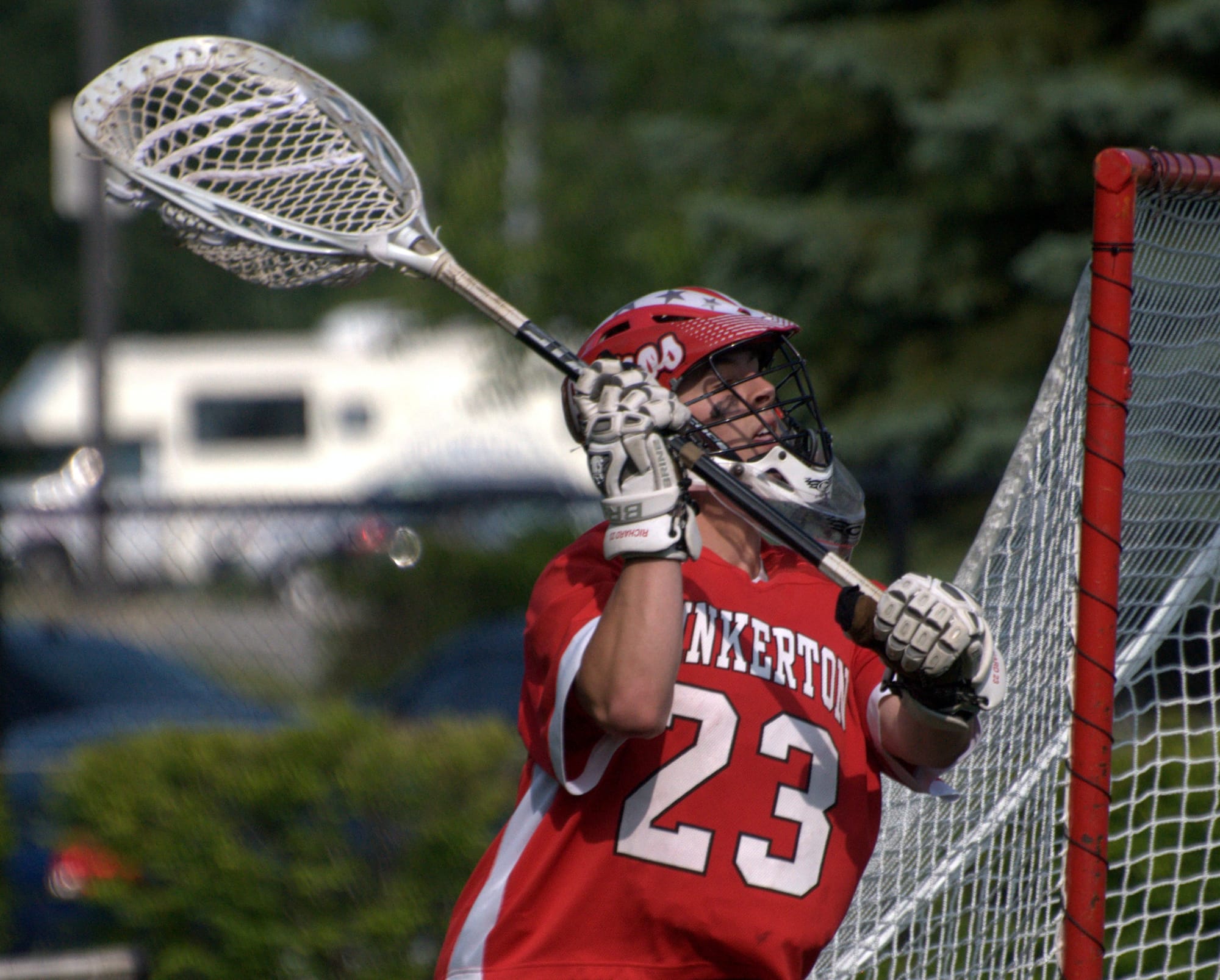 Pinkerton goalie Nick Richard makes a pass during Wednesday's Division I semifinal against Bedford.