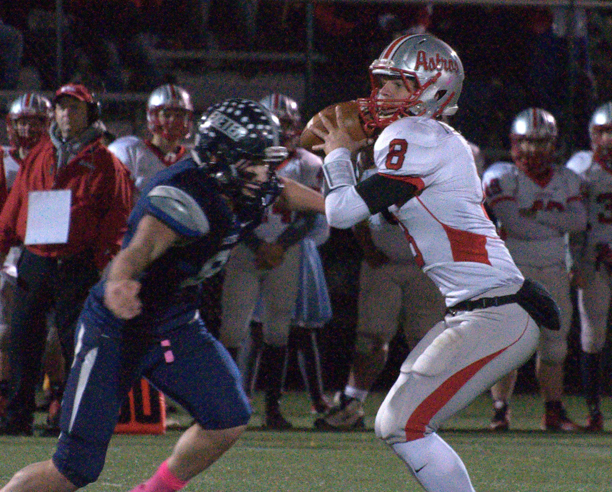 Exeter's Mason Wallace moves in to sack Pinkerton's Ryan Albrecht.