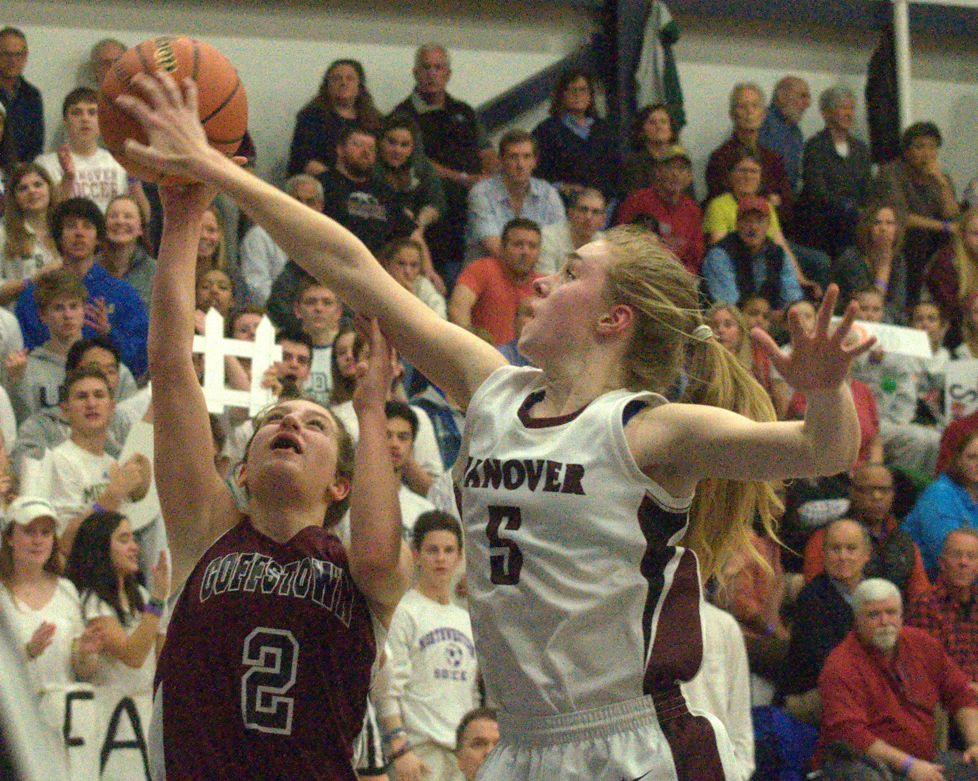 Hanover's Silke Milliman blocks a shot by Goffstown's Hannah Larochelle.