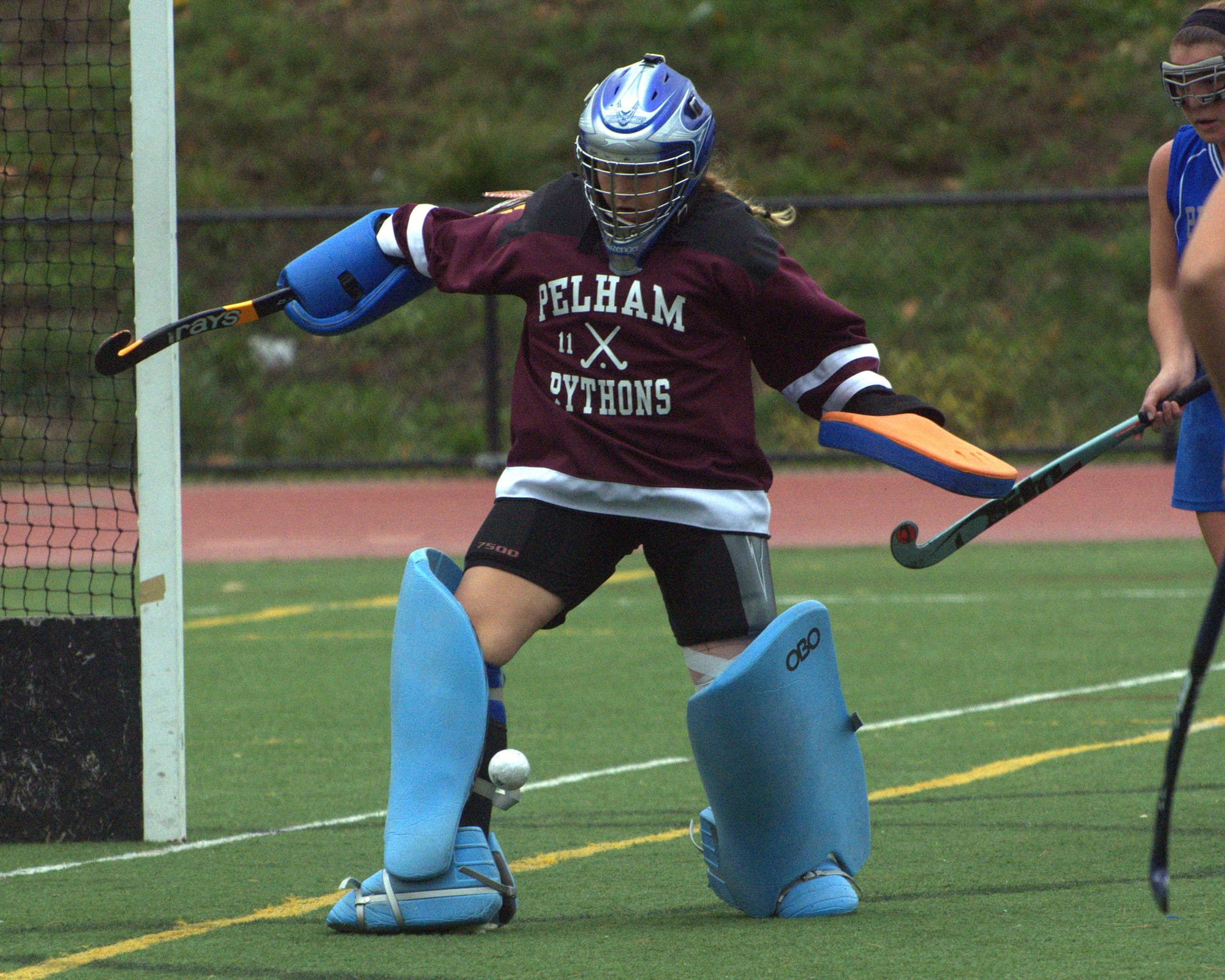 Pelham goalie Ryan Atkins makes a save.
