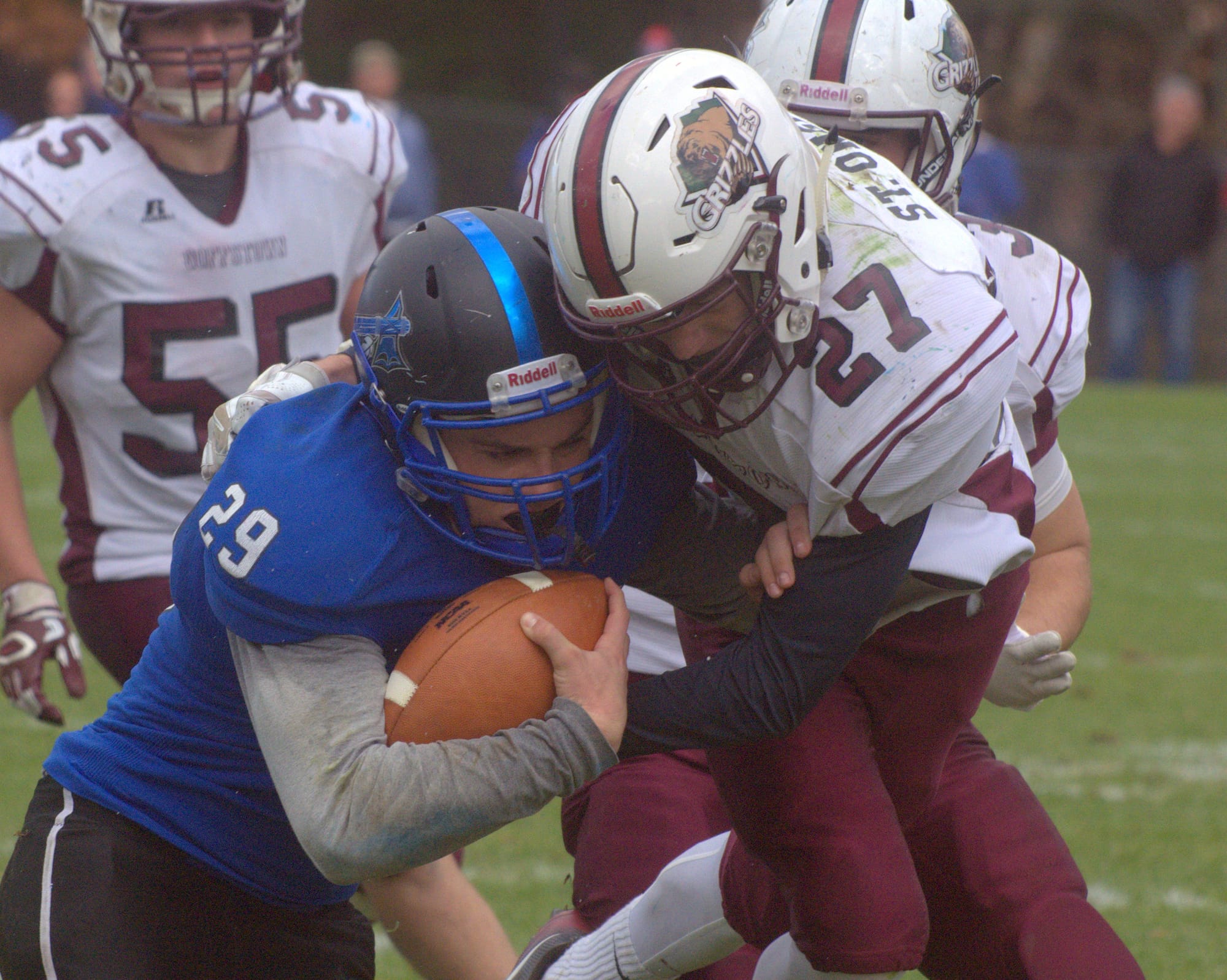 Goffstown's Brandon St. Onge tries to tackle Merrimack's Brody Kelley.