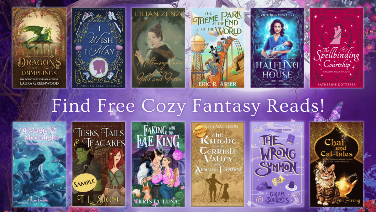 Several cozy fantasy book covers in two rows over a purple woodland background. Text reads Find Free Cozy Fantasy Reads!