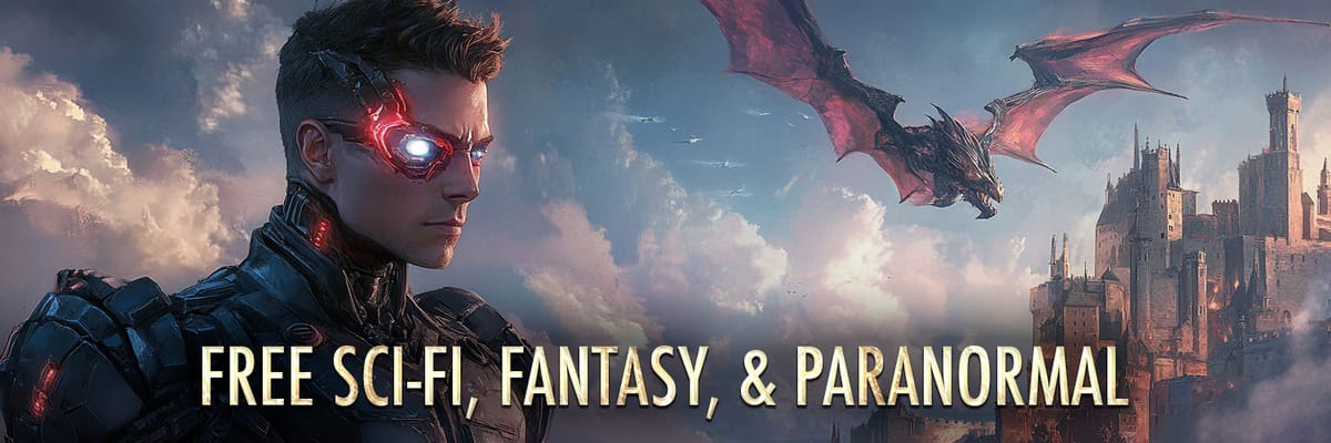Cyborg/Superhero looks out over dramatic clouds at red dragon flying over a castle city. Text reads Free sci-fi, fantasy, & paranormal.