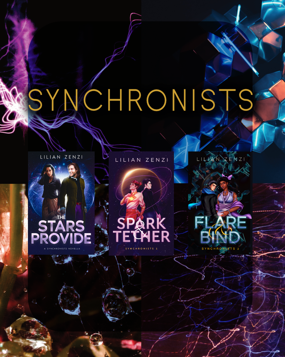 Book covers for all three Synchronists series titles over an abstract sci-fi images collage background.