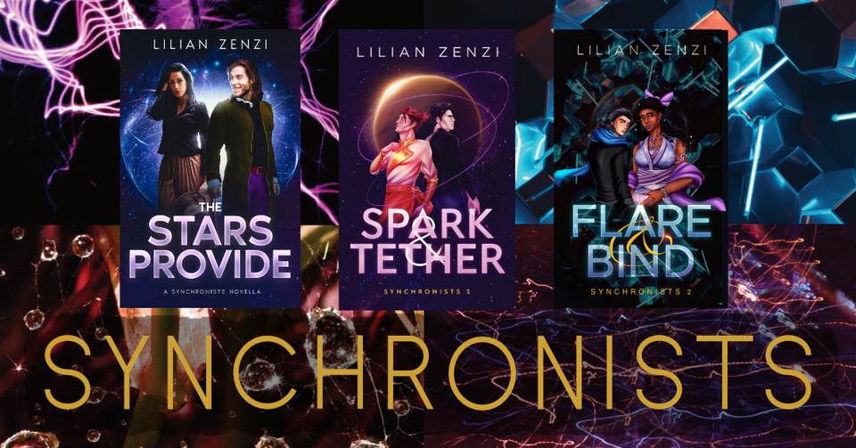 Synchronists Series book covers over a collage background with abstract sci-fi photos.