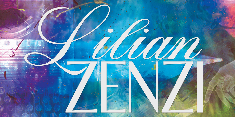 rainbow gradient background with transparent collage of typewriters, hands, pens. White text reads: Lilian Zenzi
