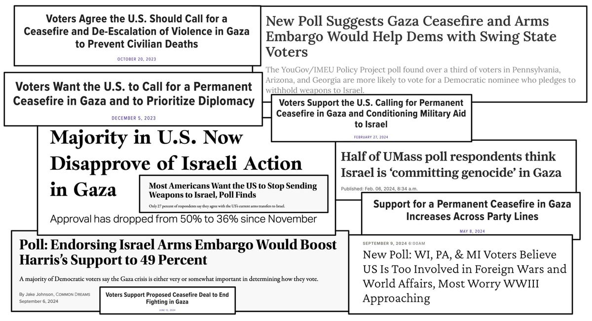 Image of 11 polls showing a ceasefire is massively popular and a weapons embargo would boost Kamala's election changes.