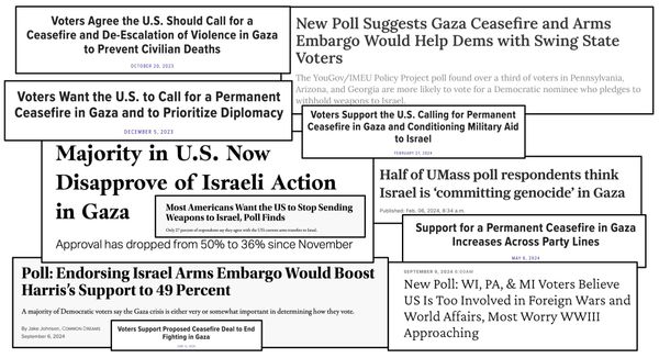 Image of 11 polls showing a ceasefire is massively popular and a weapons embargo would boost Kamala's election changes.