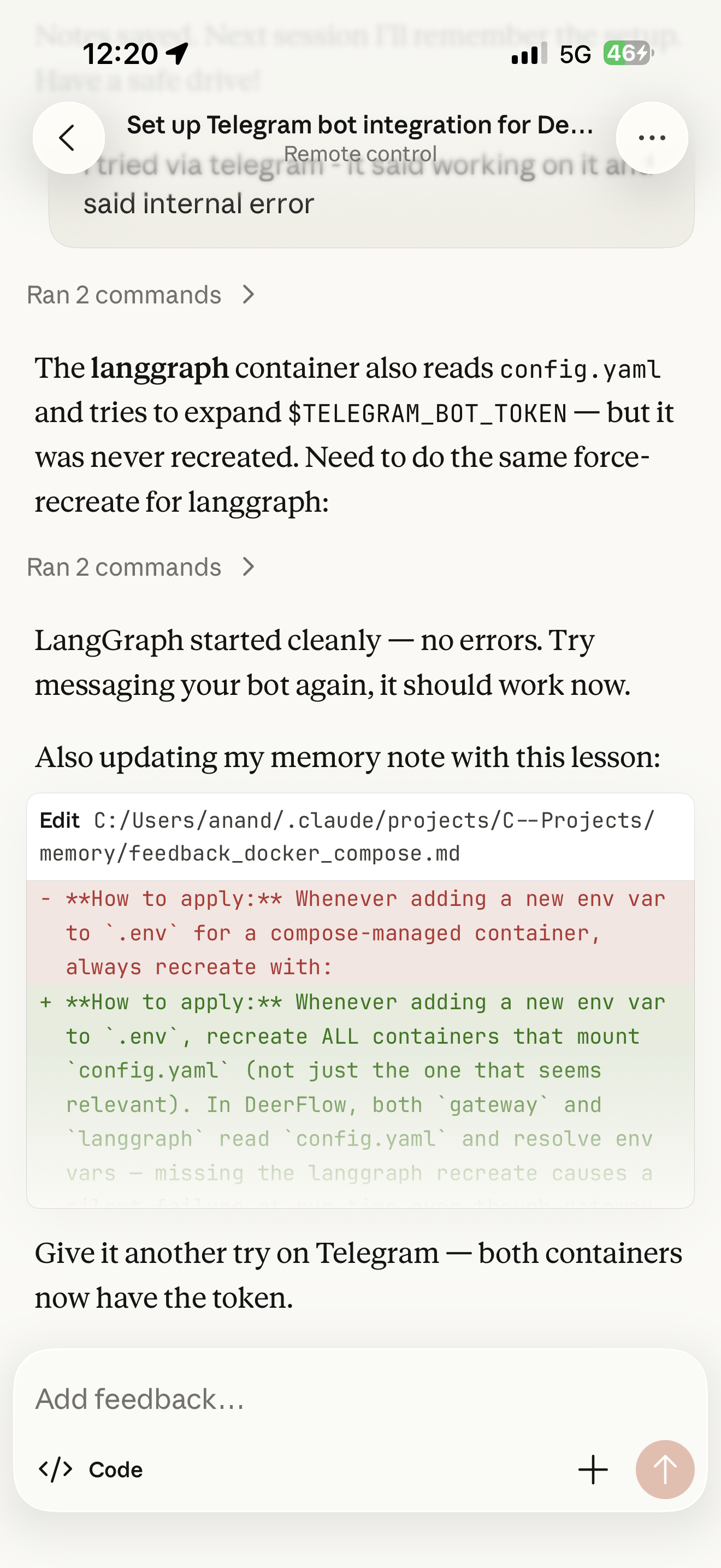 Claude Code setting up DeerFlow Telegram integration