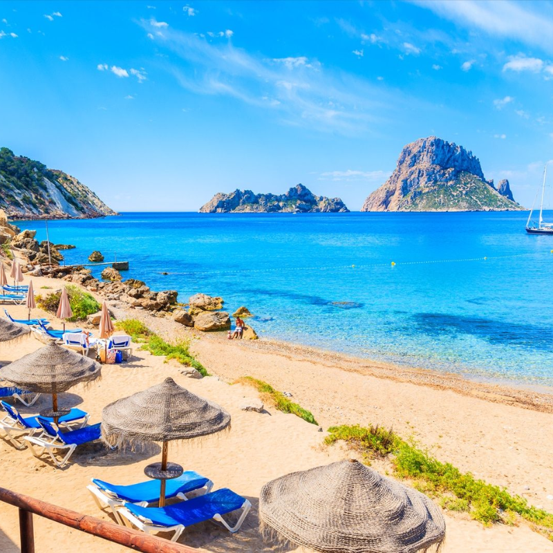 A picture showing Cala d'Hort beach in Ibiza, Spain
