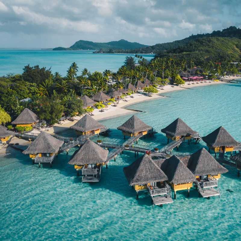 A picture showing the InterContinental Bora Bora Le Moana Resort located on Matira Point in Bora Bora. 