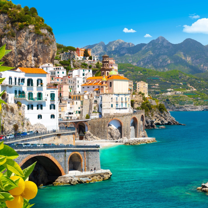 A picture showing the beautiful town of Atrani, a UNESCO World Heritage Site located on the Amalfi Coast in Italy. 