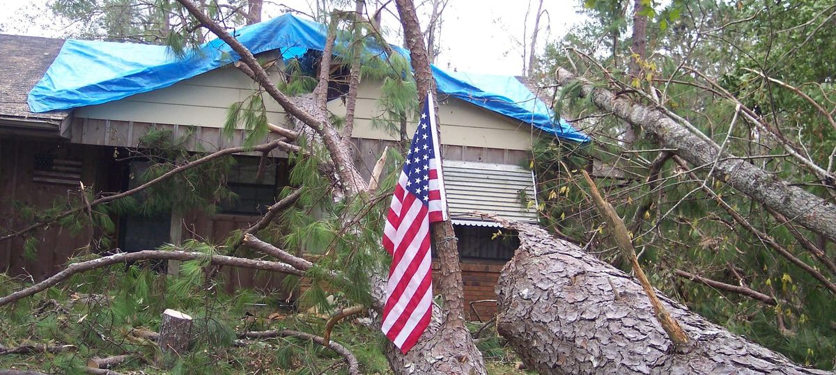 An American flag dangles from a pinetree that has fallen into the roof of a brown and tan ranch style home.
