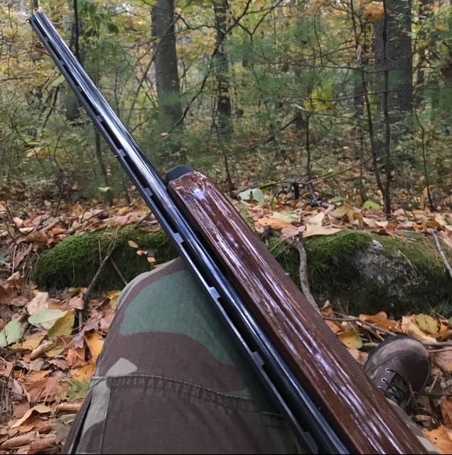 A man sits in the fall woods with a shotgun propped on the knee of his camo pants.