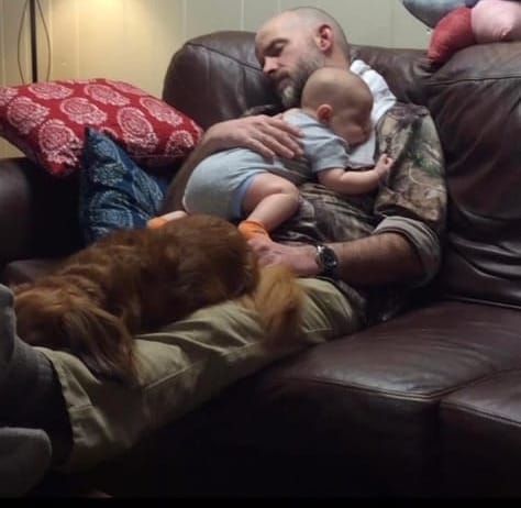 A middle aged bald white man naps on a brown leather couch.  On his chest a new born is napping.  On his legs a dachshund is also napping.