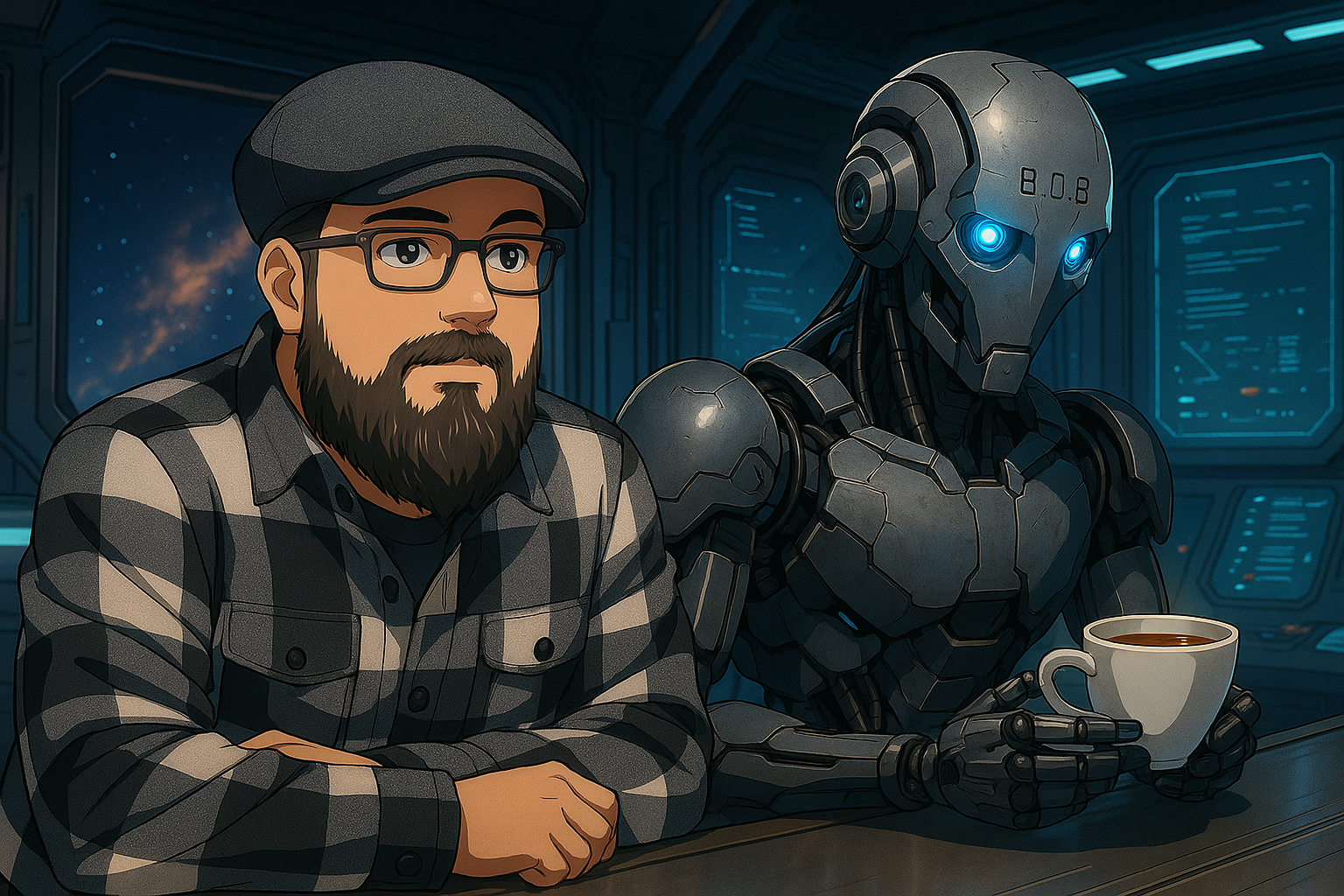 Bob und Matt McKenzie sitzen an der Bar in der Raumstation Sternenschmiede und trinken einen Tee. (Bob analysiert ihn für seine kaffee.exe))
