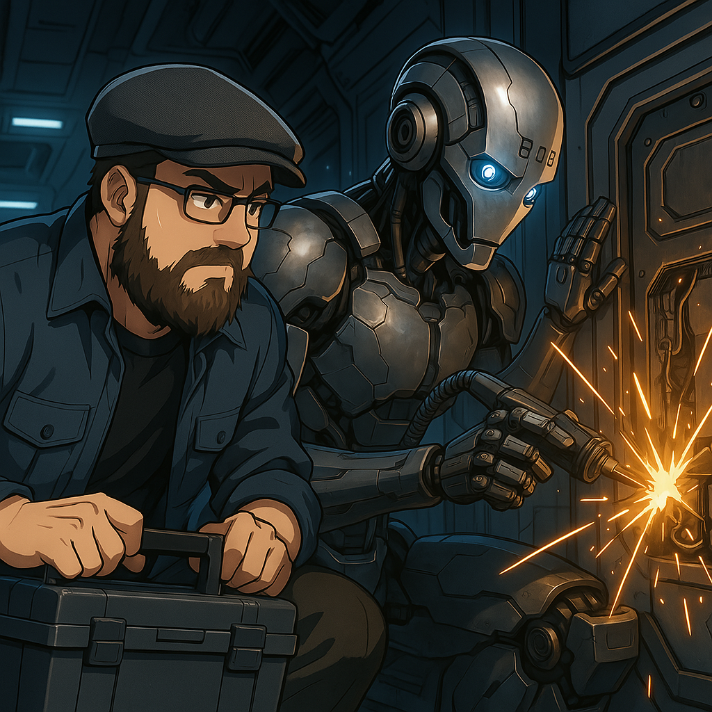 Bob und Matt McKenzie reparieren ein Wandpanel auf der Raumstation Sternen Schmiede