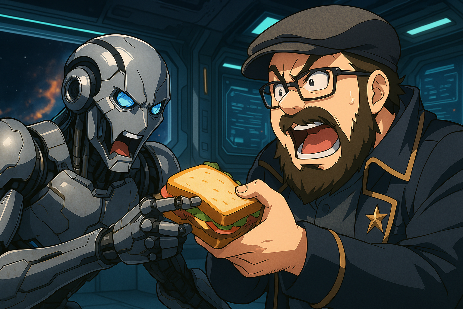 Bob und Matt McKenzie streiten sich um ein Sandwich das Matt McKenzie essen will und Bob Analysieren will.