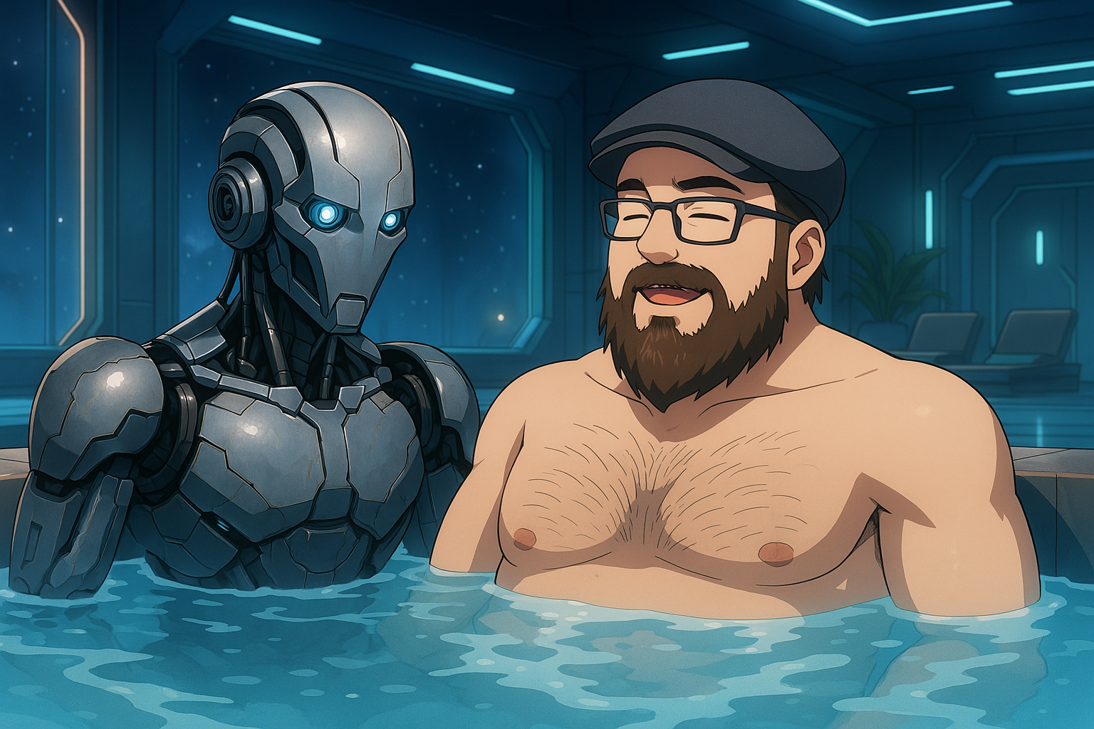 Bob und Matt McKenzie sitzen zusammen im Whirlpool auf der Raumstation Sternen Schmiede