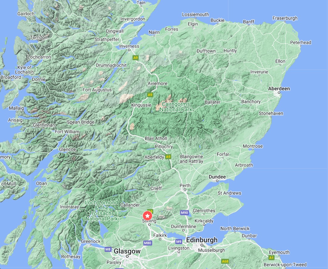 Map of Scotland showing the location of Dunblane in Strathallan just north of Stirling