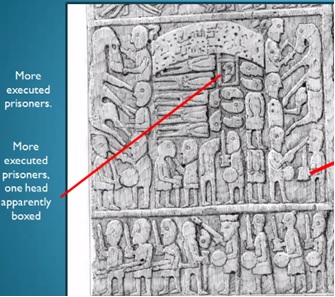 Drawing of the panel of Sueno's Stone that depicts the arched object interpreted by Professor Archie Duncan as the bridge of Kinloss. Under this object are gathered numerous decapitated bodies and severed heads. One of the heads is shown in a frame, perhaps marking it out as special in some way. To either side of the arch, footsoldiers fight with swords and shields.